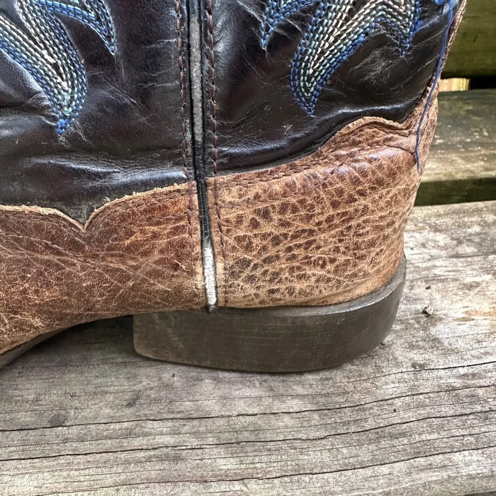 Ariat Tombstone Kids Cowboy Boots Brown Leather Square Toe Blue Stitching Size 5